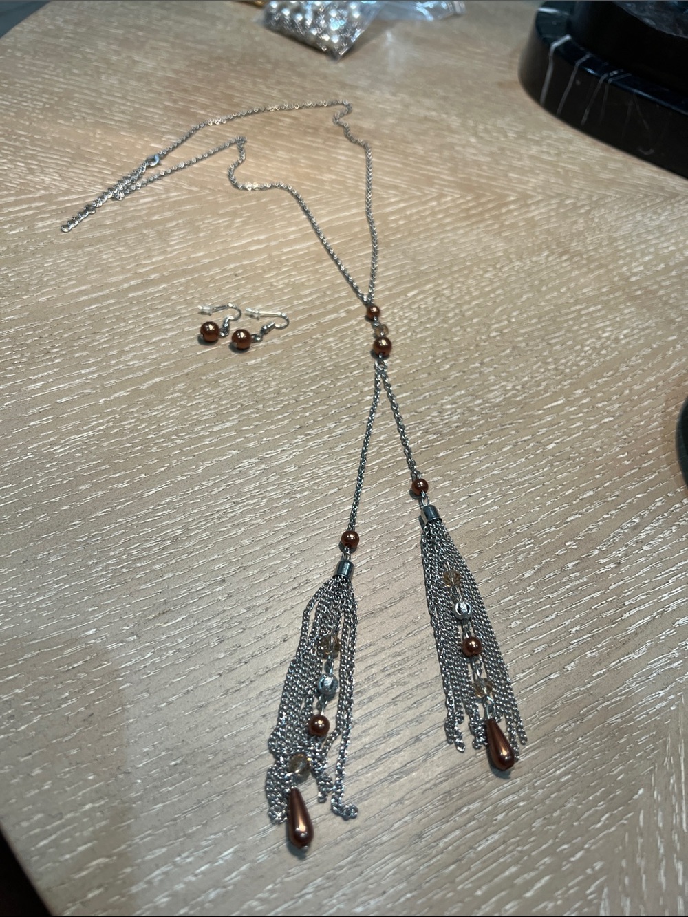 Vintage Silver-Tone Lariat Necklace w Brown Accents 20” & matching earri